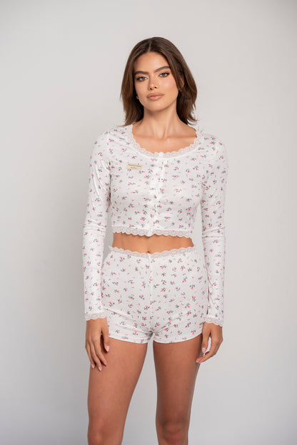 Pijama de algodón color blanco para mujer - short y blusa