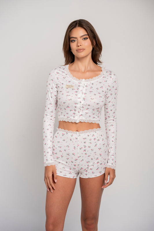 Pijama de algodón color blanco para mujer - short y blusa