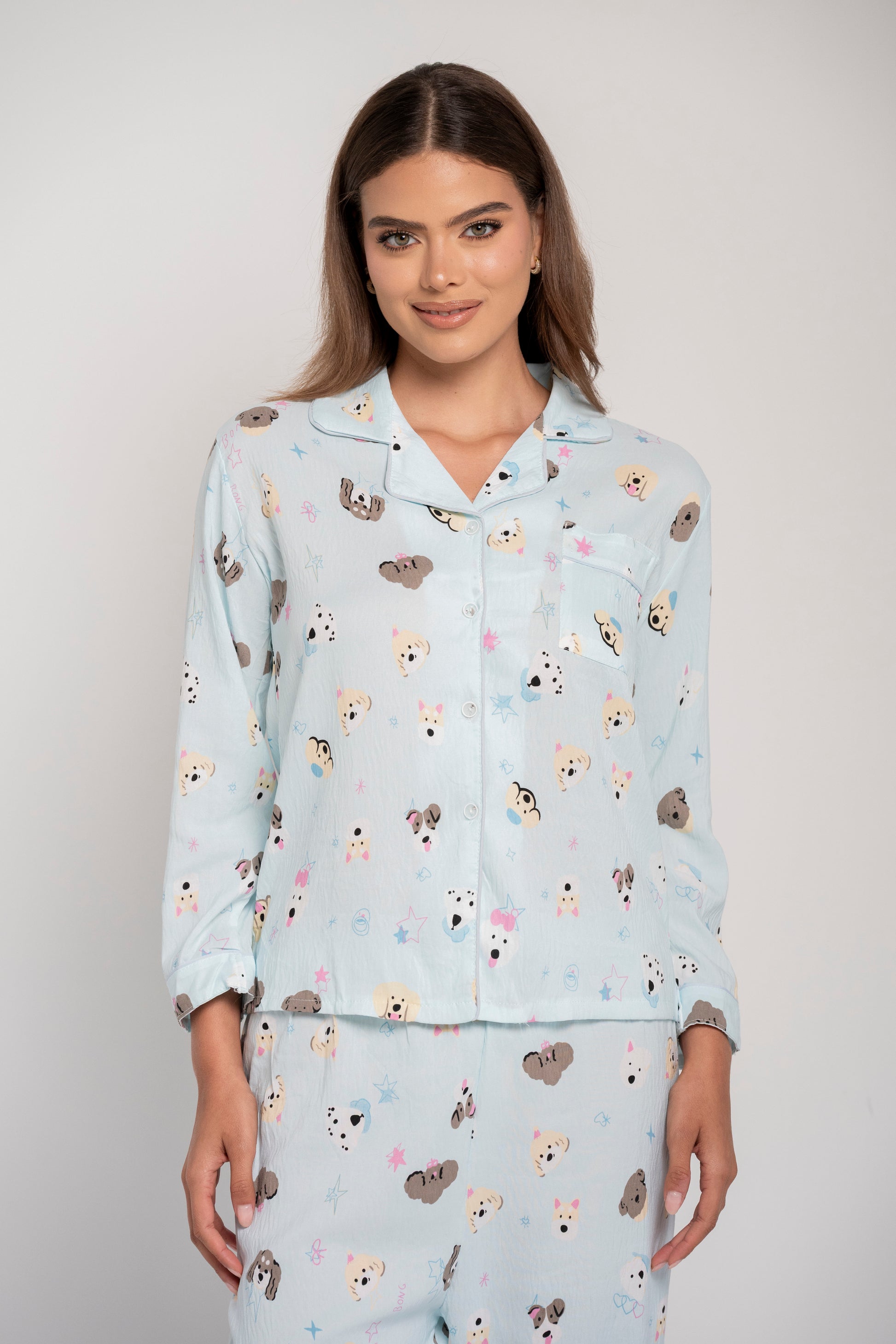 Pijama de algodón color azul, estampado para mujer - pantalón