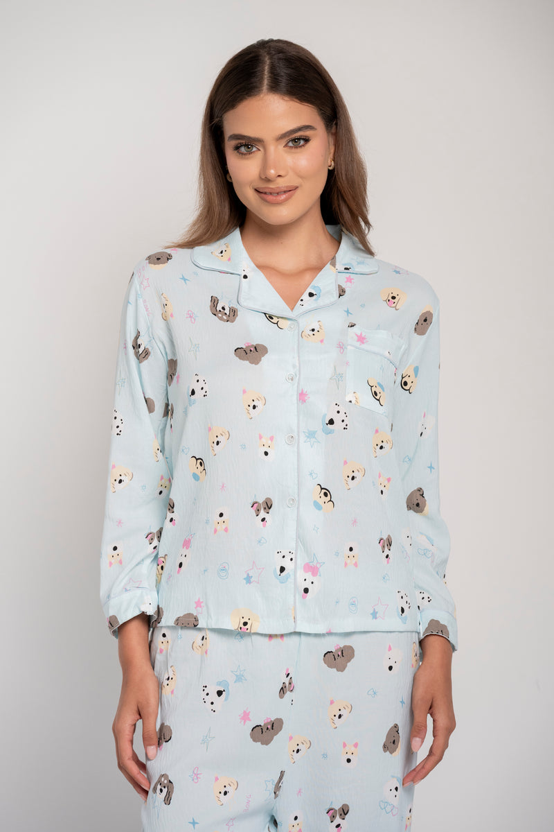 Pijama de algodón color azul, estampado para mujer - pantalón