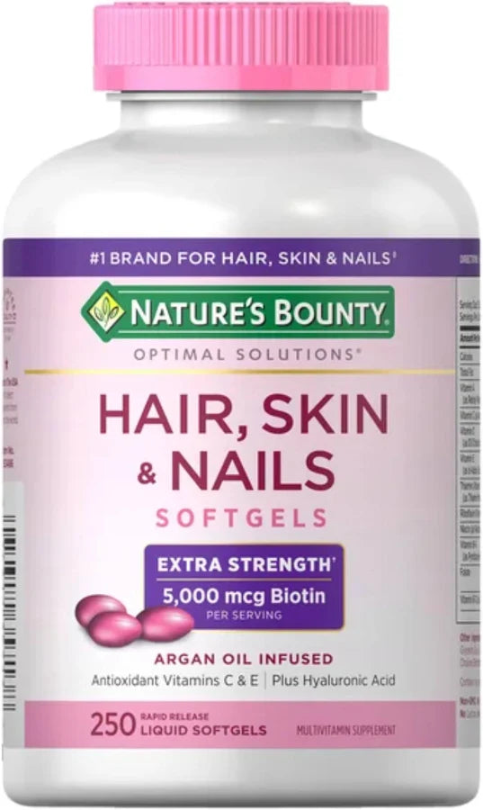 Nature's Bounty Hair Skin and Nails 5000 mcg de biotina, 250 comprimidos recubiertos extra fuertes