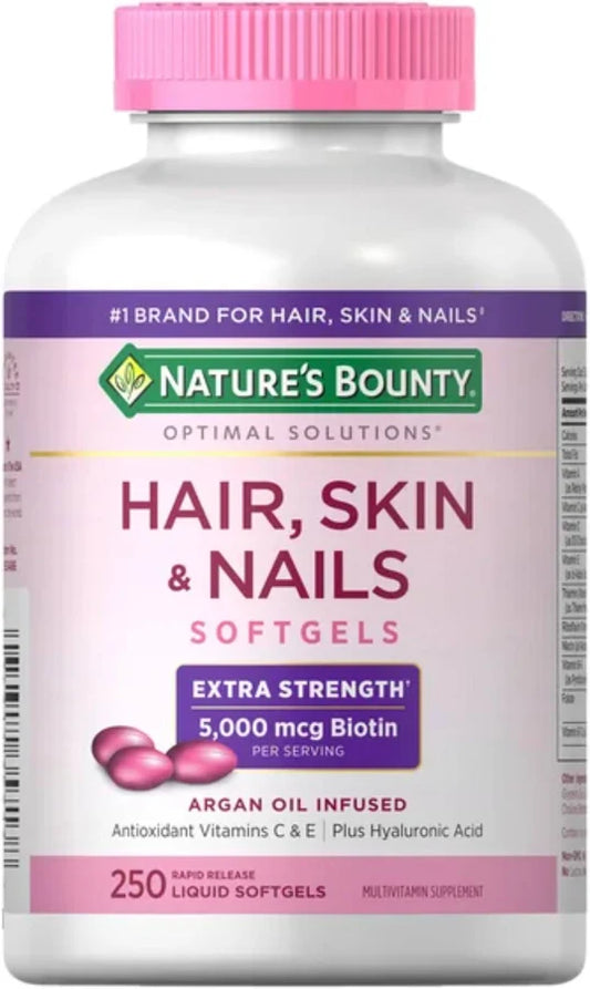 Nature's Bounty Hair Skin and Nails 5000 mcg de biotina, 250 comprimidos recubiertos extra fuertes
